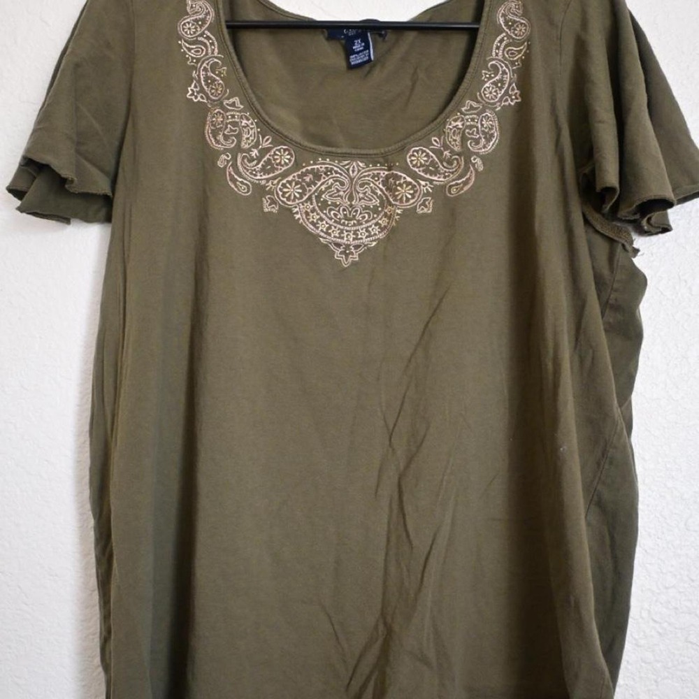 Chaps Women's 2X Olive Green Paisley Embroidered Flutter Sleeve Top